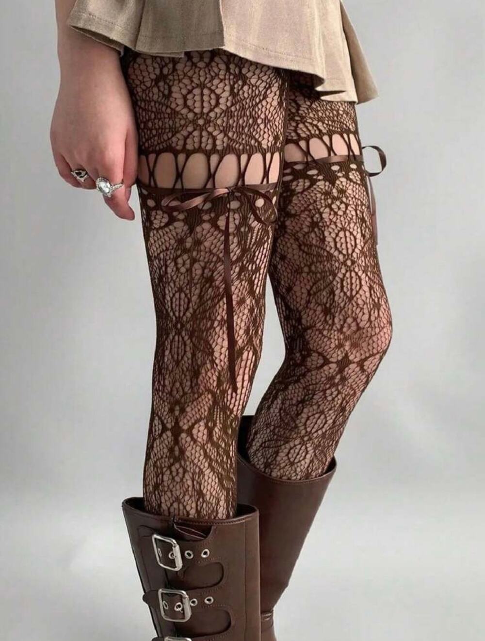 NWT Chocolate Brown Fishnet Tights w/ Ribbons